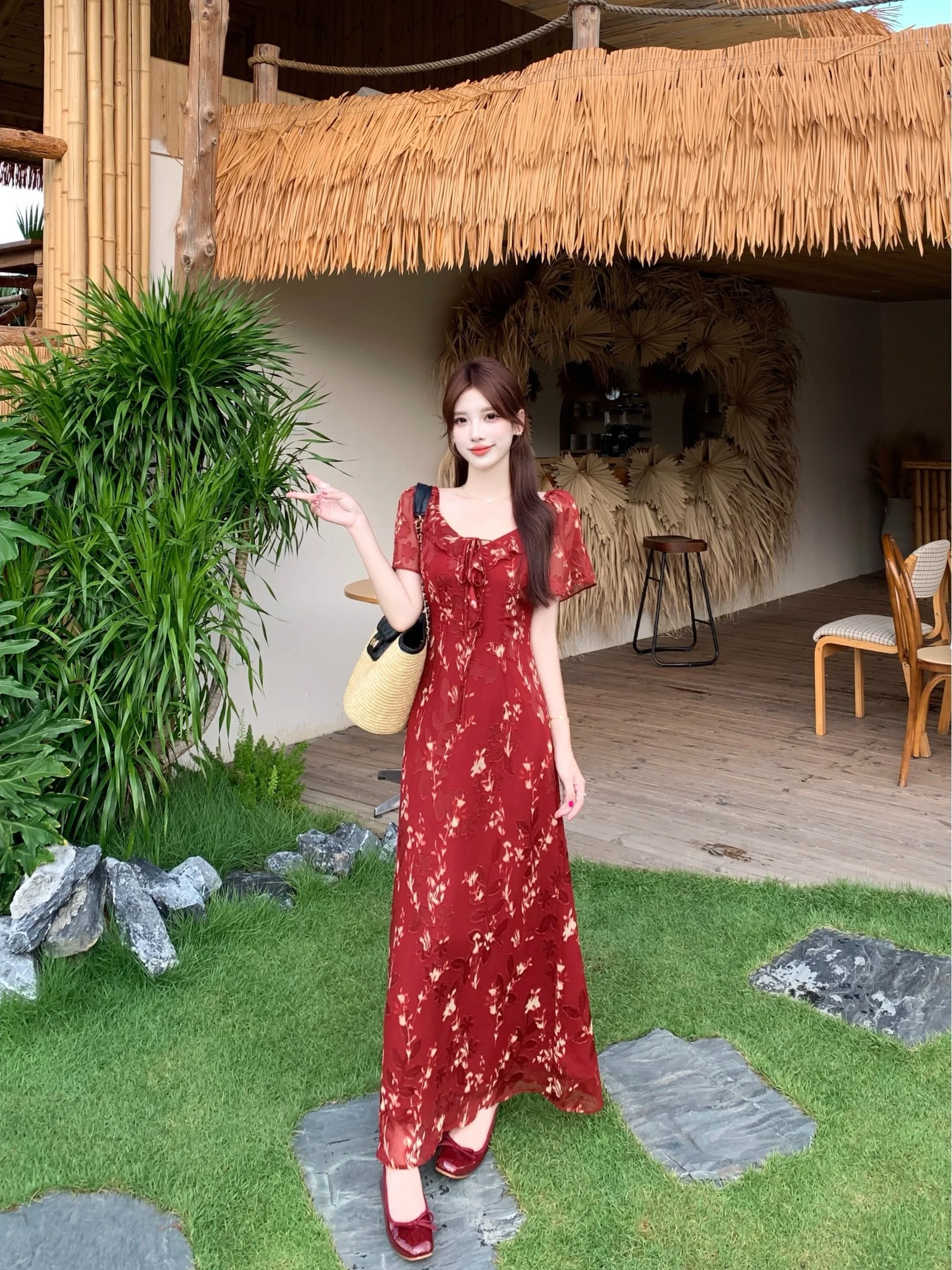 

plus Size Floral Print Short Sleeve A-Line Dress Slimming Waist Design Korean Style Commute Wind High Waist Long Dress