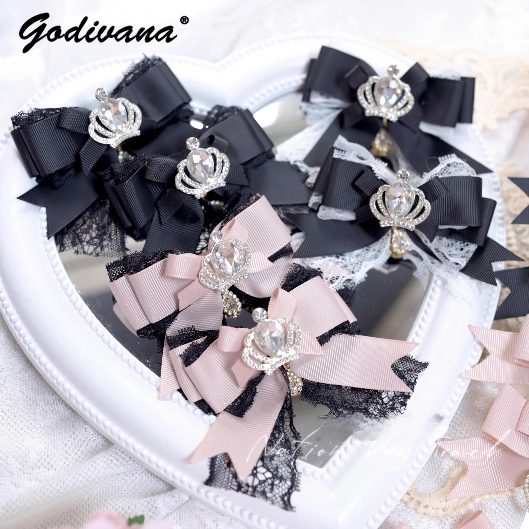 

Japanese Mine Mass-produced Crown Rhinestone Lace Ribbon Bow Headgear Double Ponytail Hairpin Lolita Sweet Girls Hair Clips