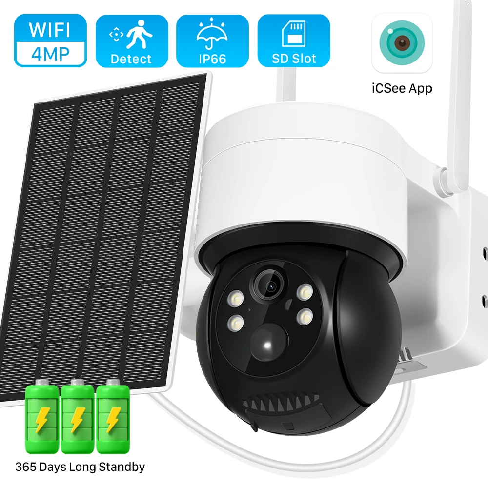 4MP WiFi PTZ Camera Outdoor Wireless Solar Camera HD 1080P Built-in Battery Video Surveillance Camera 365 Days Long Time Standby