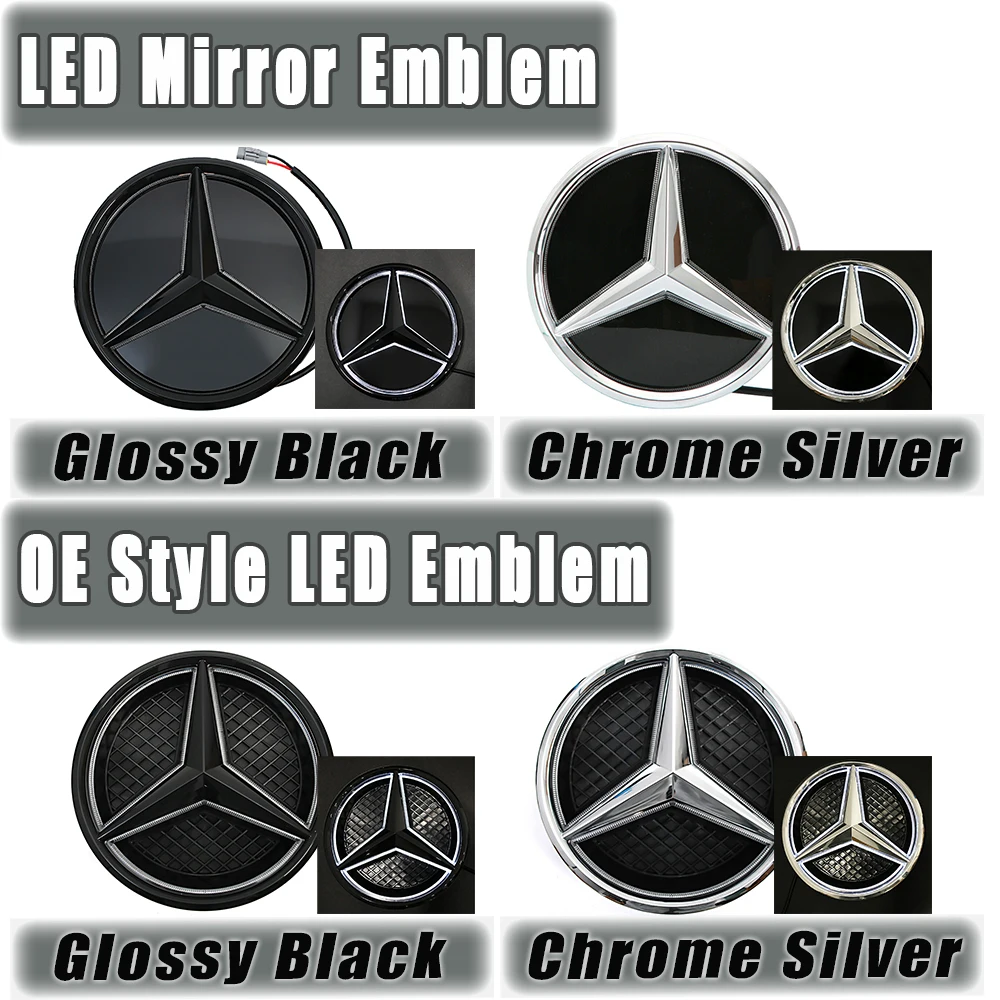 LED Mirror Style For Mercedes 16-19 GLC GLE GLS -Class Front Grilled Star Emblem Illuminated Logo Glossy Black And Chrome Silver