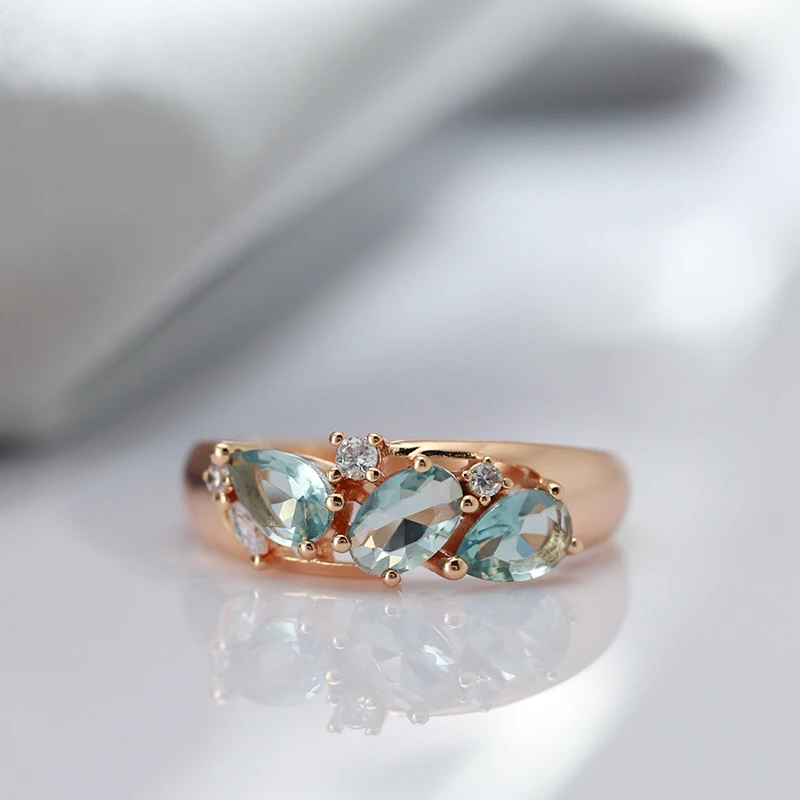 Kinel New Blue Natural Zircon Ring for Women Geometry 585 Rose Gold Rings Vintage Ethnic Bride Wedding Jewelry Party Accessories