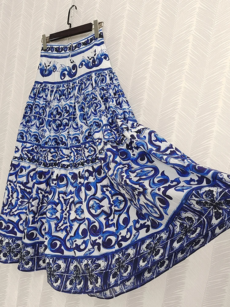 AELESEEN Runway Fashion 100% Cotton Skirt Women Sicilian High Waist Blue White Porcelain Printed Elegant Holiday Poplin Party