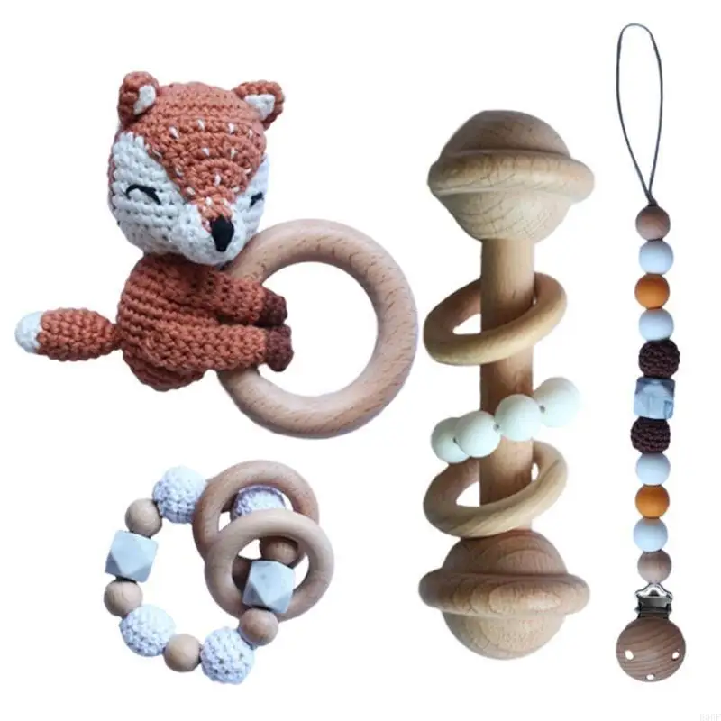 E06F Baby Pacifier Clip Chuỗi Chuỗi nương giả bằng gỗ Vòng đeo tay DIY crochet động vật Teether trẻ sơ sinh