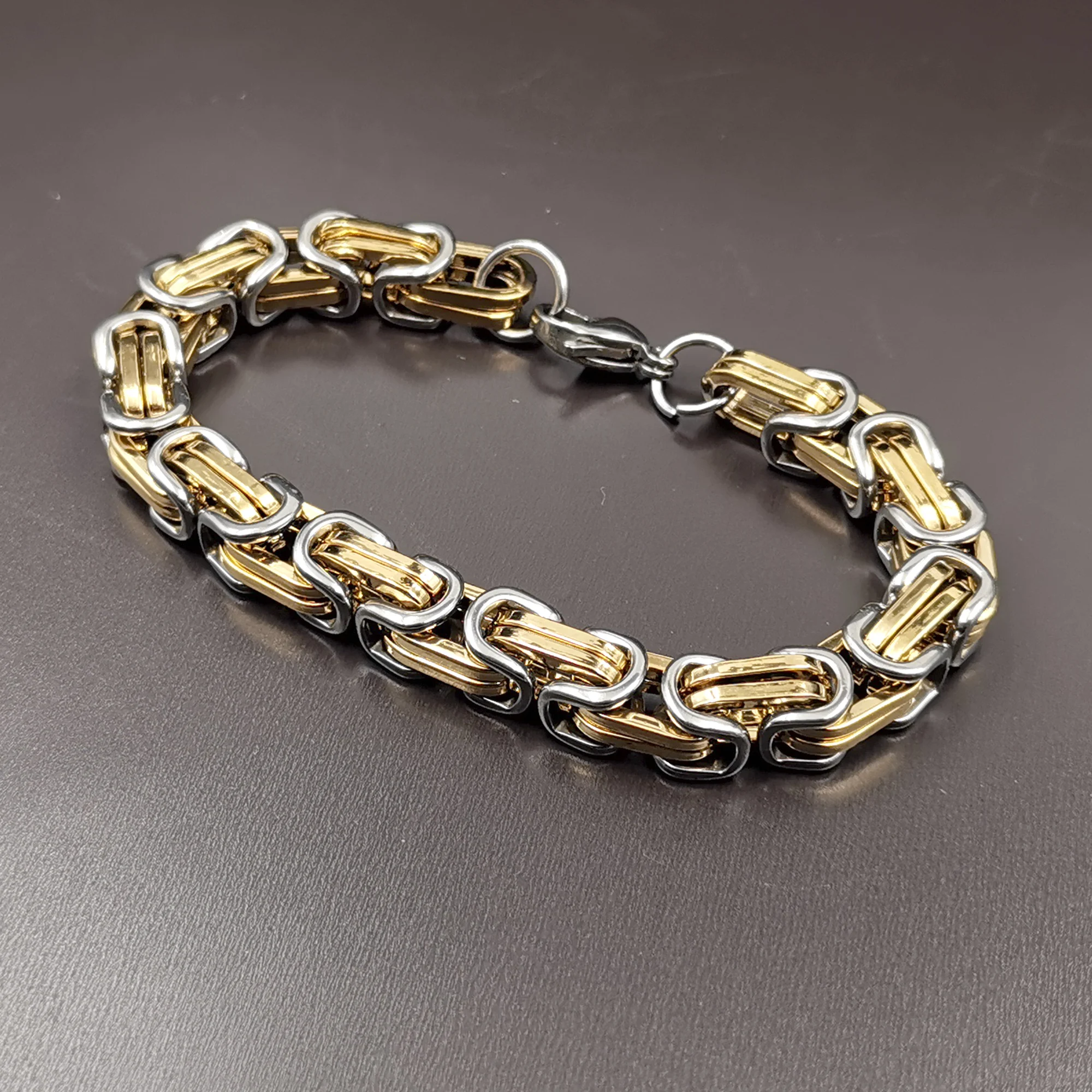 8mm 8.66inch Gold-Silver Huge Byzantine Chain Bracelet For Mens Stainless Steel Bangle Jewelry