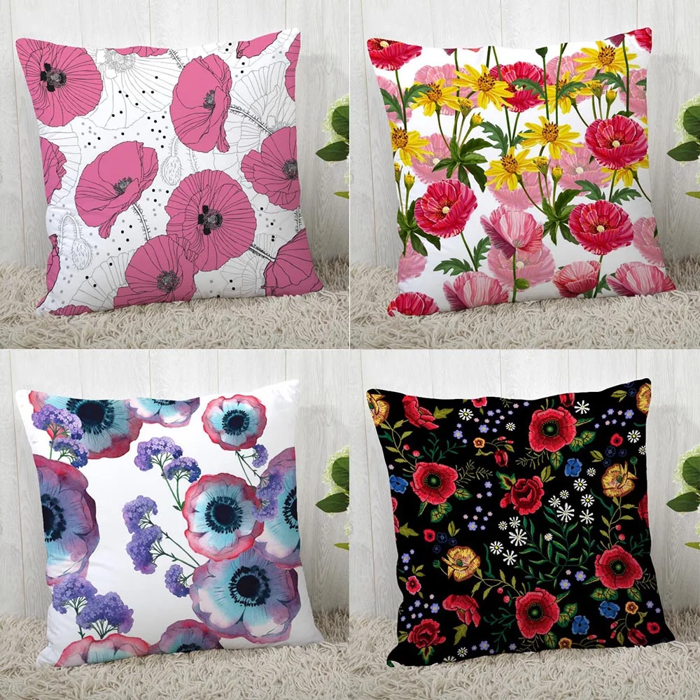 

New Poppy Flower Pillowcase Bedroom Home Office Floral Square Zipper Satin Soft