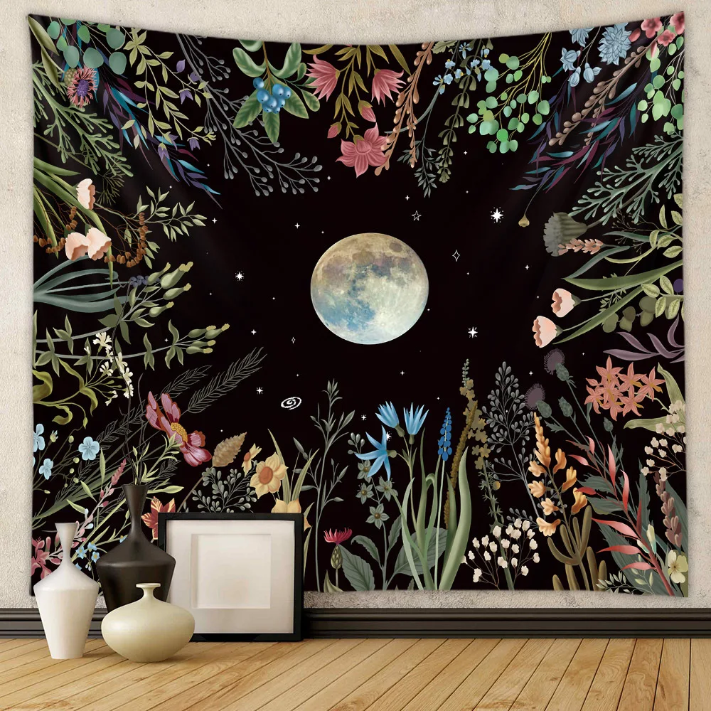 Tapisserie de jardin éclairée de lune, tenture murale florale céleste, Phase de lune, soleil étoilé noir, tapis Hippie botanique, décor