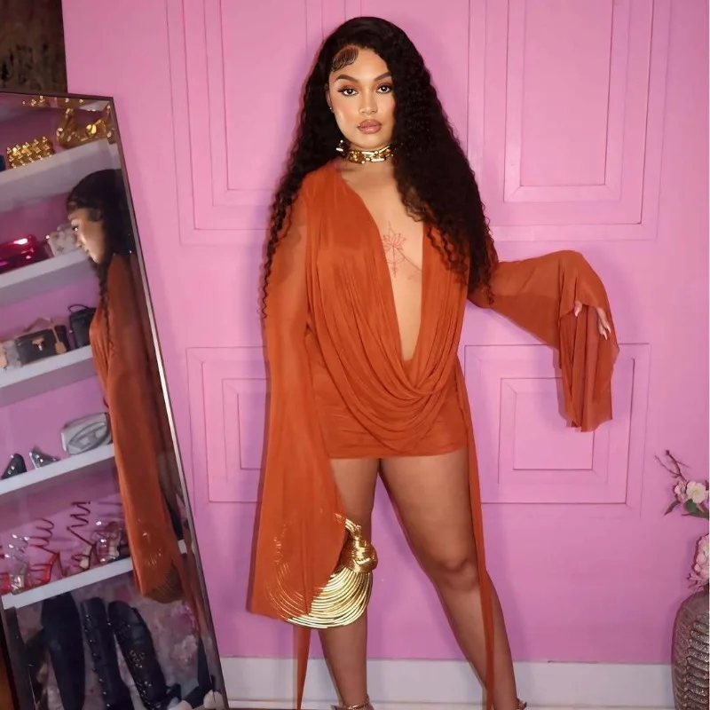 فستان نسائي صيفي قصير بقماش شفاف موديل 2025 مثير بياقة متأرجحة وأكمام طويلة غير منتظمة بدون ظهر ملابس شاطئ للإجازات #3