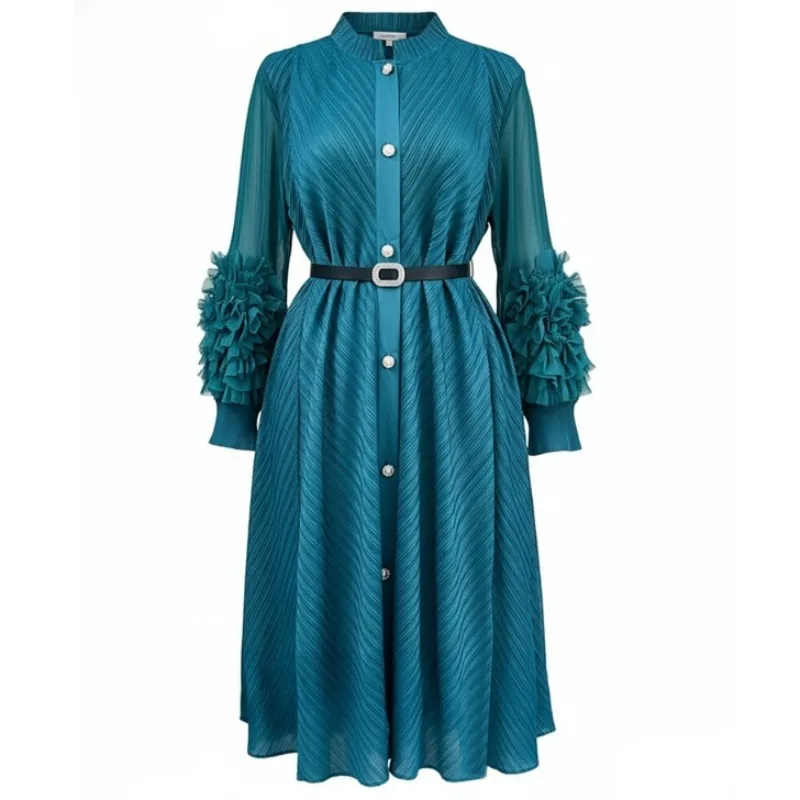 Miyake  Africa Plus Size Temperament Women's Dress Pleated Long Sleeve Single Breasted Shirt Straight Long Dress Europe America