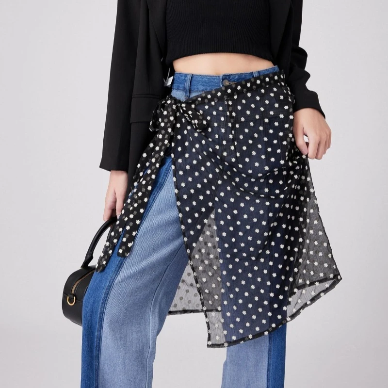 レース刺繍ミディスカート レイヤードフェイクスカート レディース スウェットシャツとベーススカートと組み合わせた婦人服スカート