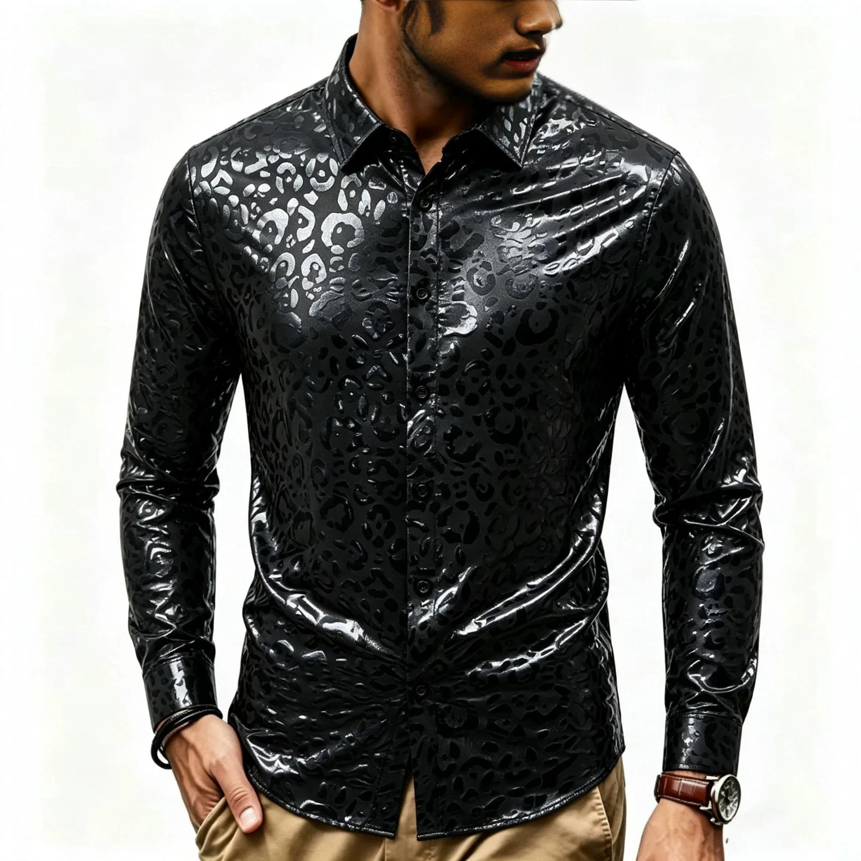 Casual Men's Autumn Leopard Printed Long Sleeve Shirt Fashion Hot Stamping Print for Daily Party Social Nightclub