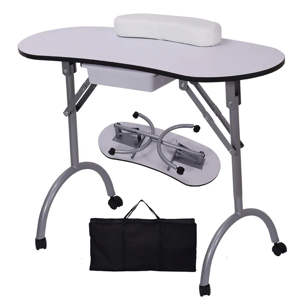 

Foldable Manicure Table Nail Desk Workstation with Large Drawer/Client Wrist Pad/360 Degree Rotating Wheels/Carrying