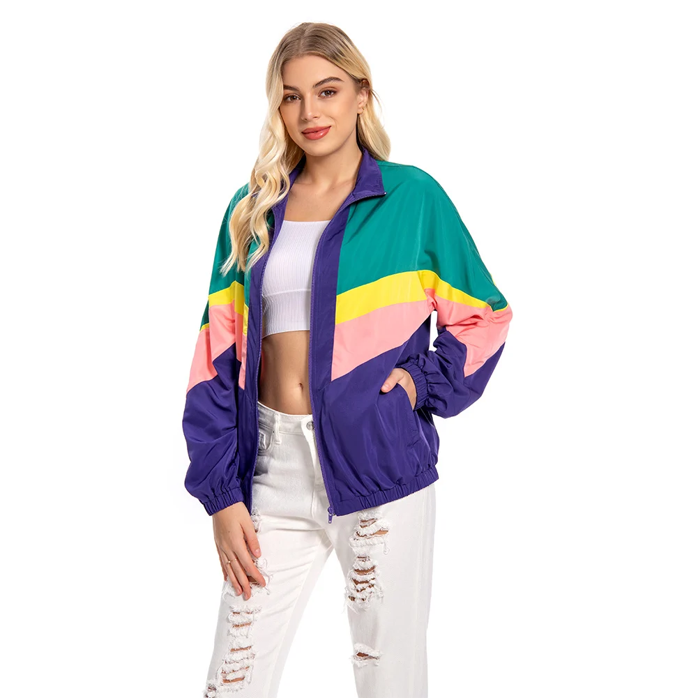 Women 80s 90s Retro Vintage Colorful Jacket Coat Female Adult Hip Hop Cosplay Tracksuits Halloween Carnival Party Costume