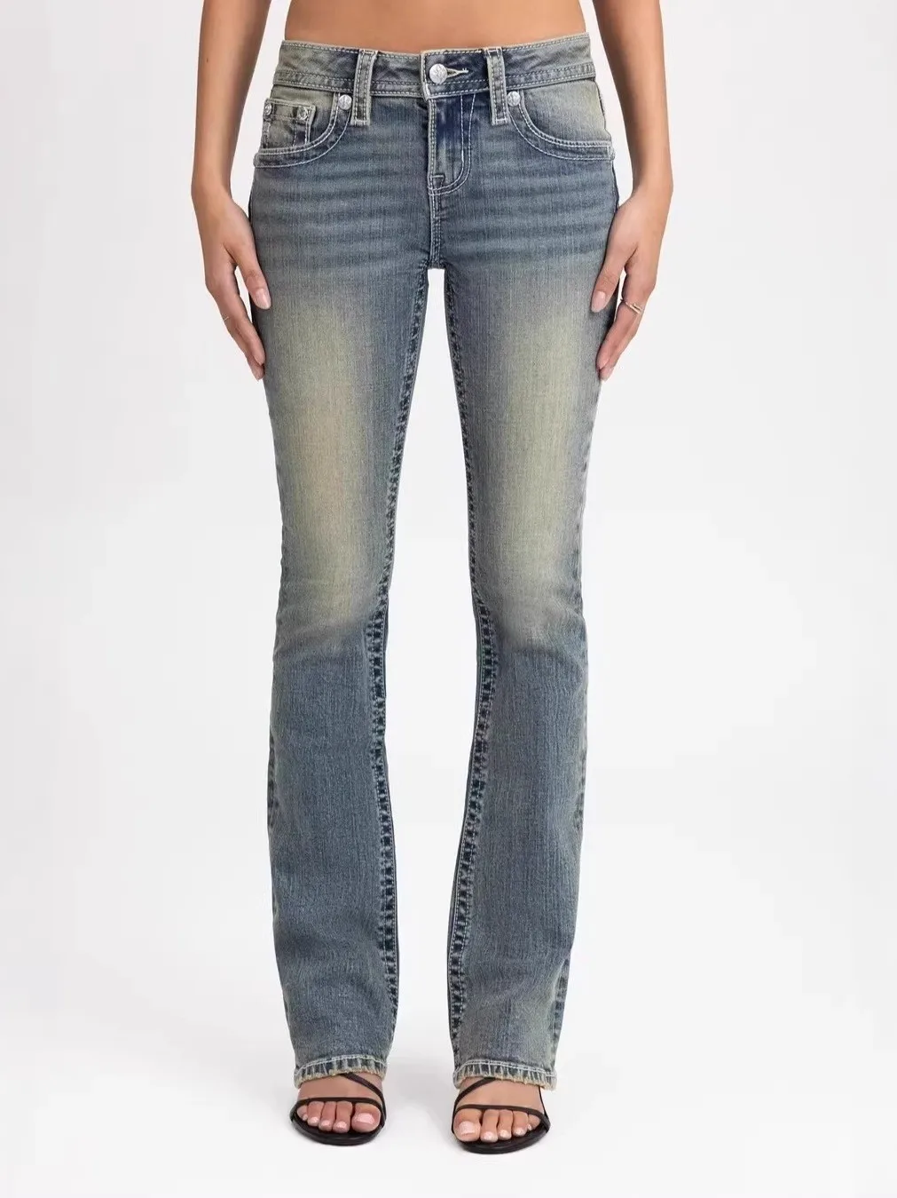 Low Waist Embroidered Wings Cross Slim Fit Denim Jeans Women's Fashion Y2K Miss Me Cotton Machine Embroidery Medium Stretch