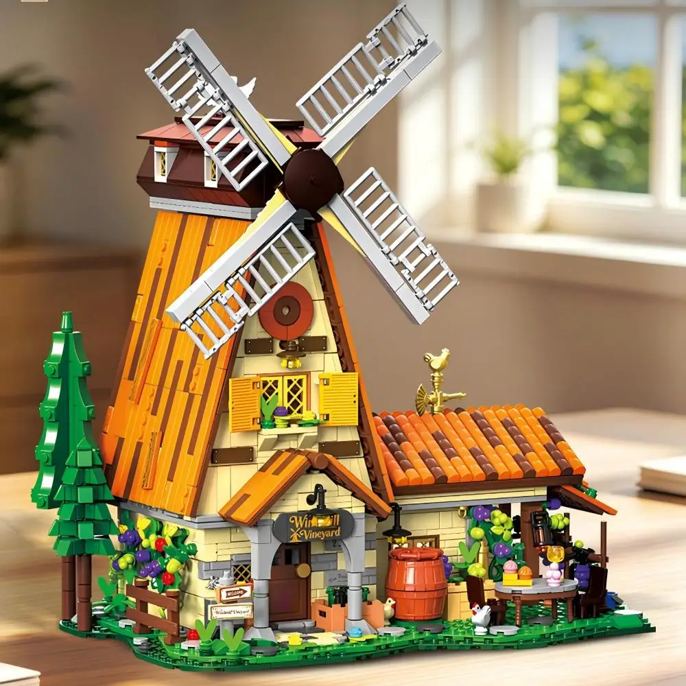 2005PCS Rotatable Windmill Vineyard Building Blocks Farm Manor Model LED Light DIY Assembly Desktop Ornament Creative Gift