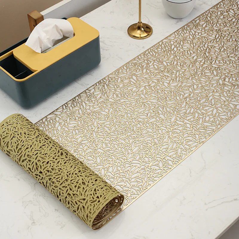 Long PVC Gilded Hollowed Out Flower Table Flag Ins Tea Mat Anti Slip Household Insulation Pad, Desktop Decoration