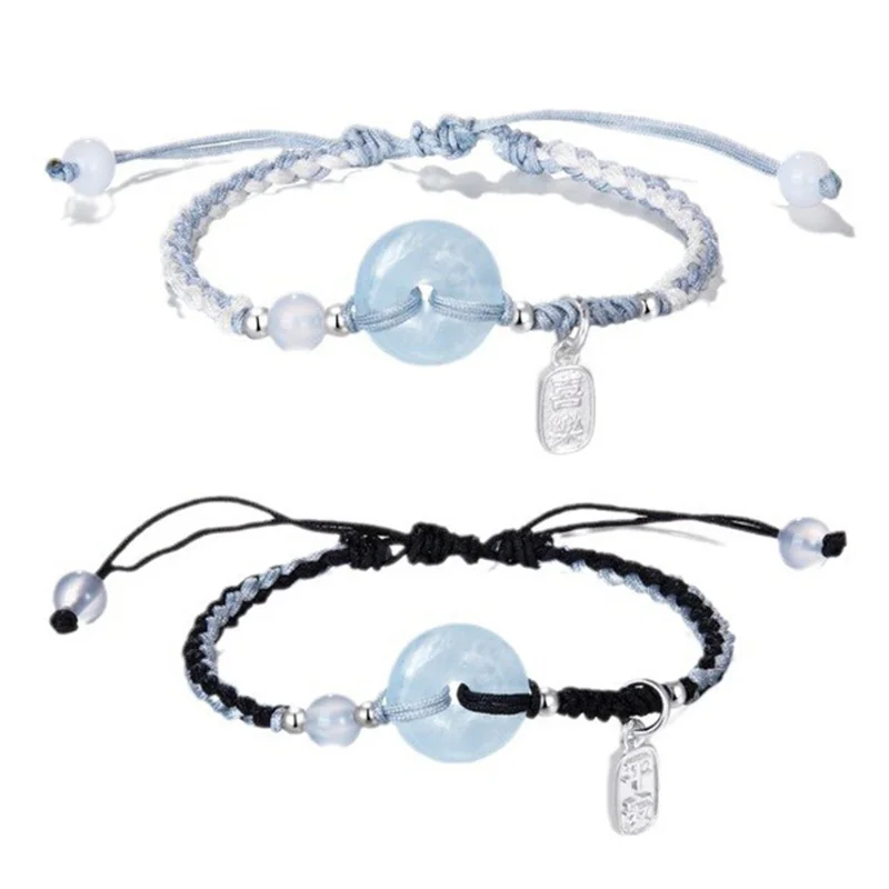 Guochao Sea Blue Imitation Jade Chalcedony Ping An Clasp Bracelet New Chinese Style Ping An Joy Hand-woven