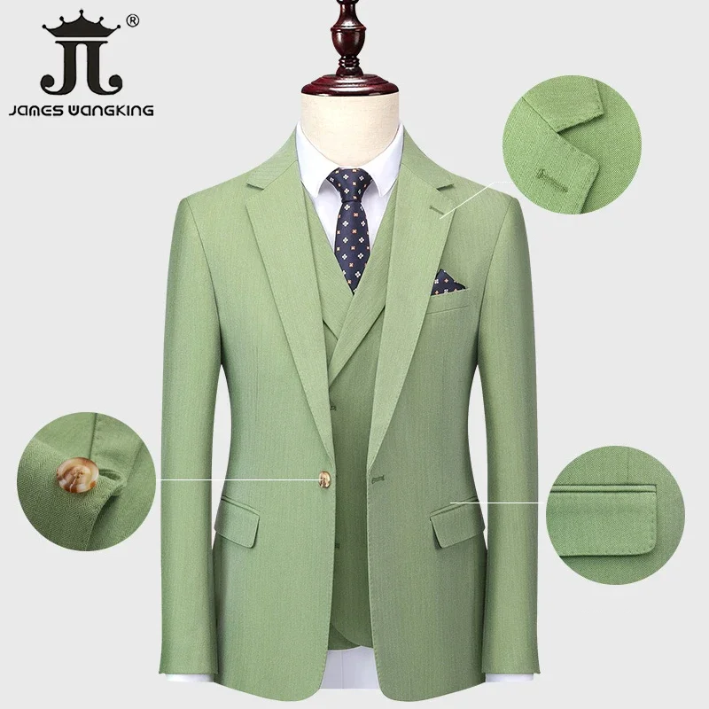 ( Jacket + Vest + Pants ) S-5XL Luxurious Men's Green Business Suit 3Pcs Prom Banquet Party Groom Wedding Dress Solid Color Suit