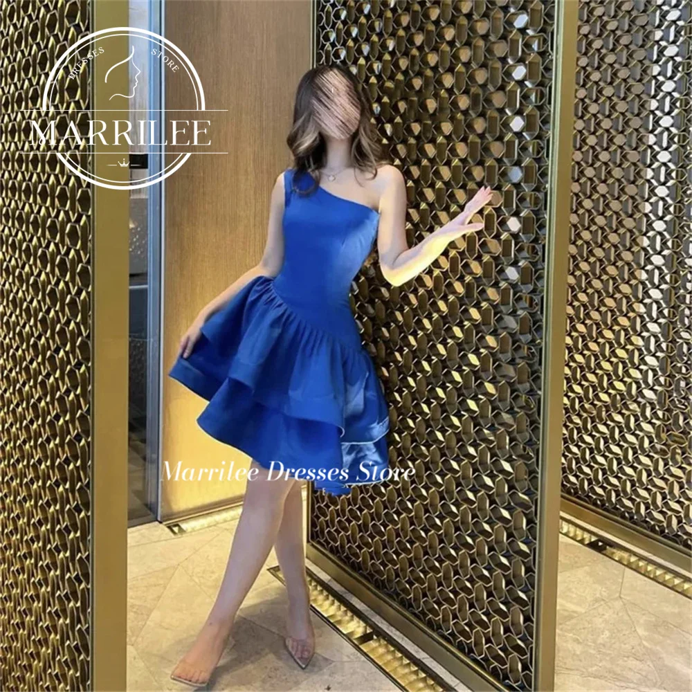 Marrilee  Customized One Shoulder A-Line Tiered Stain Evening Dress Sleeveless Above Knee Open Back Mini Cocktail Party Gown