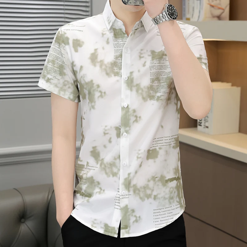 Summer Men's Turn-down Collar Short Sleeve Letter Contrast Color Printing Cardigan Button Up Formal Shirt Business Trendy Tops