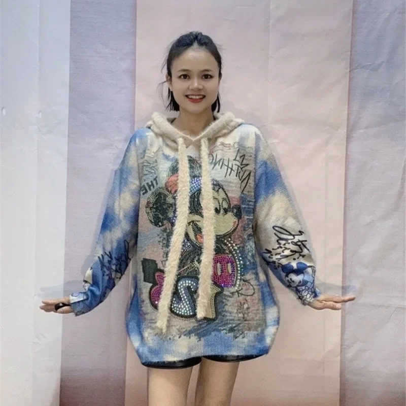 Korean Style Medium-Length Idle Style Hooded Sweater With Heavy Embroidery Trendy Women's Autumn Cartoon Pattern Knit Top