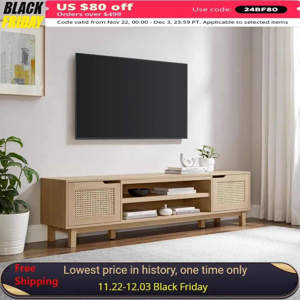 TV Stand  Modern Minimal Rattan-Door Stand for TVs Up To 80 Inches, with Indoor Storage & TV Display 70 Inch, Coastal Oak