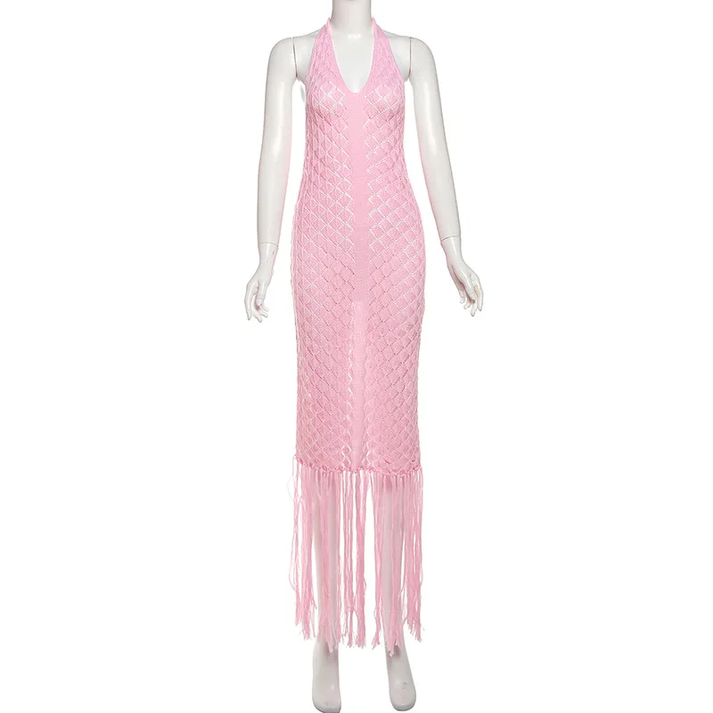 فستان Bangniweigou شفاف من خلال شرابة كروشيه للنساء، أغطية شاطئ أنيقة، رداء وردي