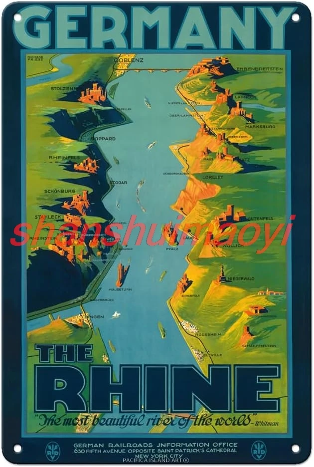 Pacifica Island Art Germany - The Rhine - “The Most Beautiful River of the World” Walt Whitman - Vintage Travel Poster by R UUJ