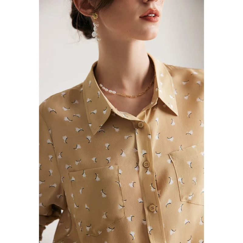 Sand-washed Print Silk Shirt for Women Long Sleeve Office Lady Shirts Lapel 100% Mulberry Silk Blouse Korean Fashion Female Tops