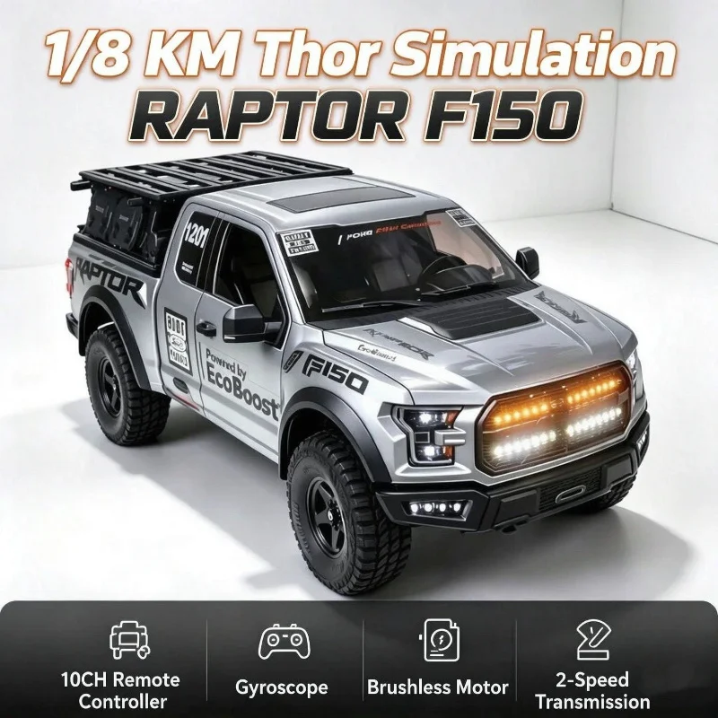 New 1/8 KM Thor 10-CH Brushless Remote Pickup High‑Speed Simulation Raptor F150 Electric 4WD RC Off‑Road Climbing Vehicle Model