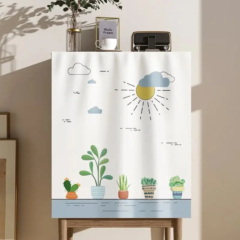 VIKAMA Fresh Nordic Cabinet Curtain Hand Drawn Sun and Green Plants Print Fabric Dust-proof Curtain Ornament