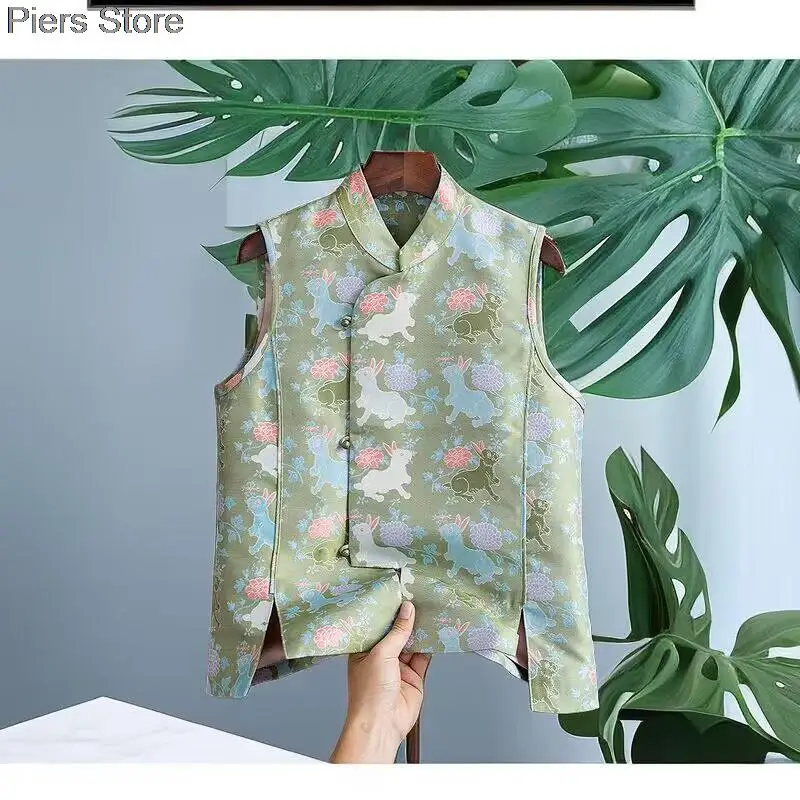 Blusa Hanfu estampada em estilo chinês para mulheres, tops de colete étnico vintage, terno Tang, roupa tradicional, camisa gilet, nova