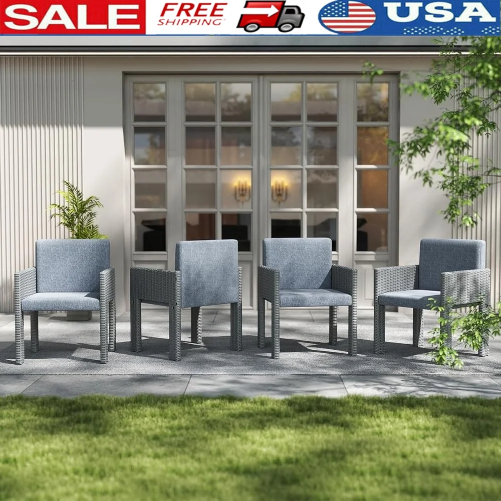 

Outdoor Wicker Dining Chair Set of 4 Ergonomic Backrest Armrest Lightweight Rattan Patio Chairs Garden Balcony Dining