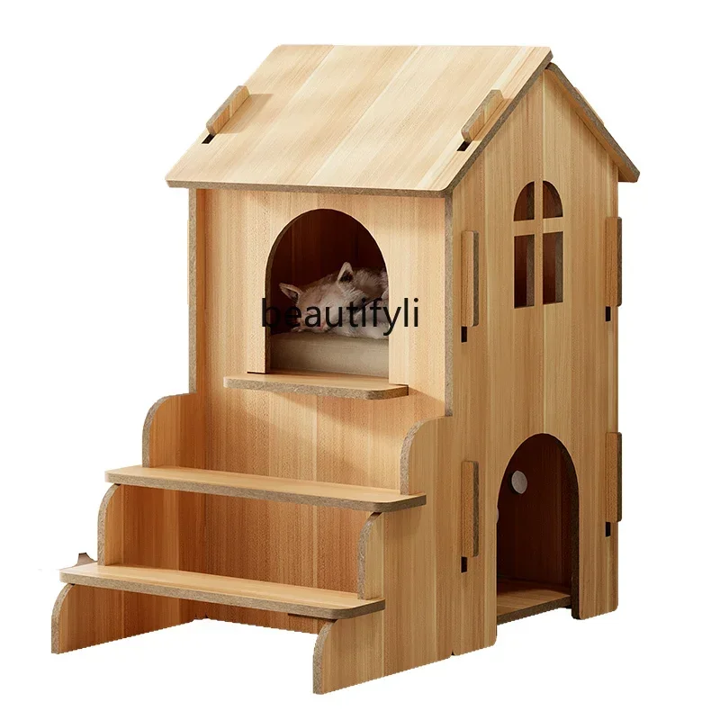 Pet wooden cat house double-layer villa pet furniture is universal in all seasons, easy to disassemble and clean