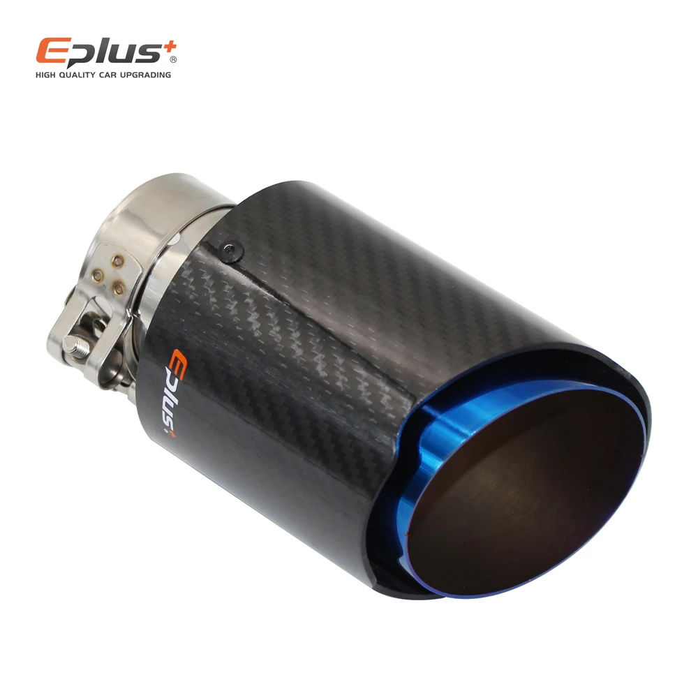 EPLUS Car Glossy Carbon Fiber Muffler Tip Exhaust System Pipe Mufflers Nozzle Universal Straight Stainless Blue