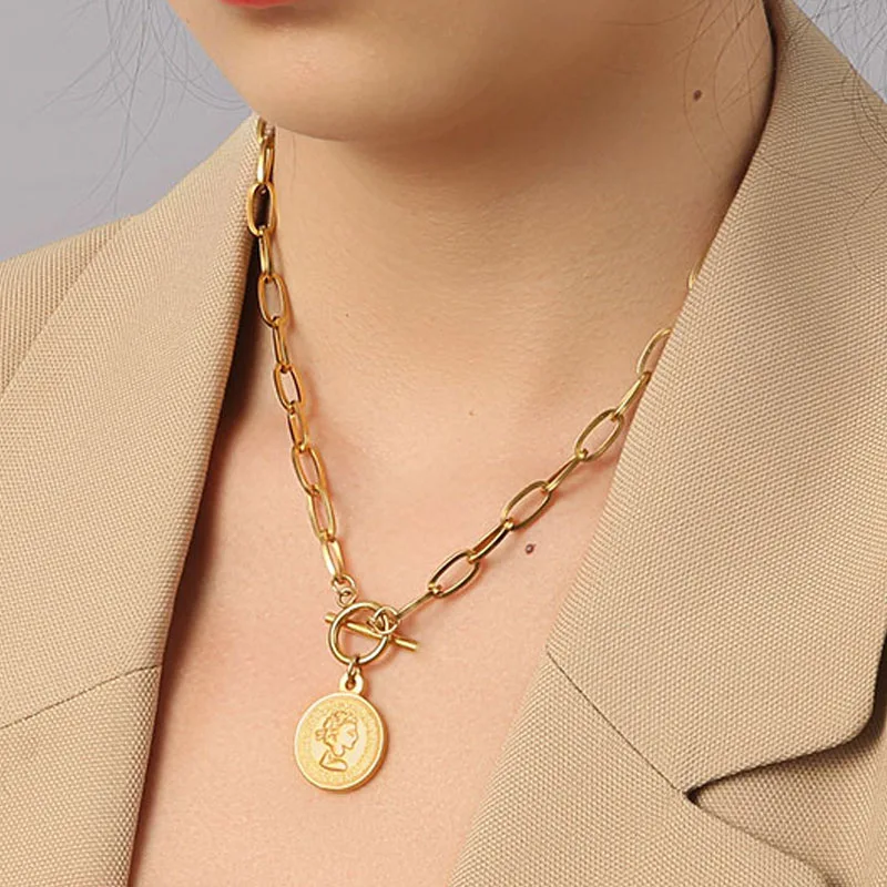 Gold Color Coin Necklace Stainless Steel Coin Elizabeth Medallion Pendant Toggle Necklace For Women Men Long Choker Jewelry