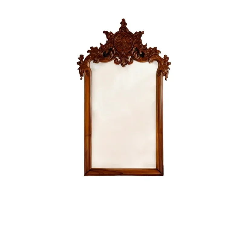 for Medieval Walnut Wood Hanging Mirror Top Rolled Grass Pattern Carved Mirror Bedroom Porch Niche Retro Decorative Mirror