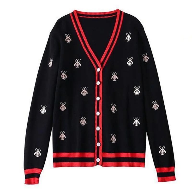 Fashion Bee Embroidery Cardigan Womens Spring Autumn Long Sleeve V Neck Knitted Sweater Tops Female Knitwear Coats