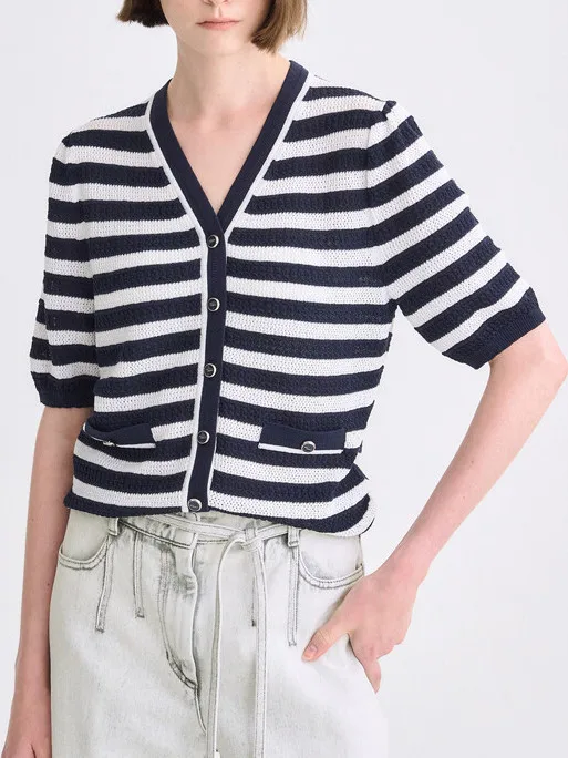 

Ele Korean Sle V-Ne Striped ort Sve Вязаный открытый кардиган Лето Новое поступление Повседневная удобная мода для поездок на работу