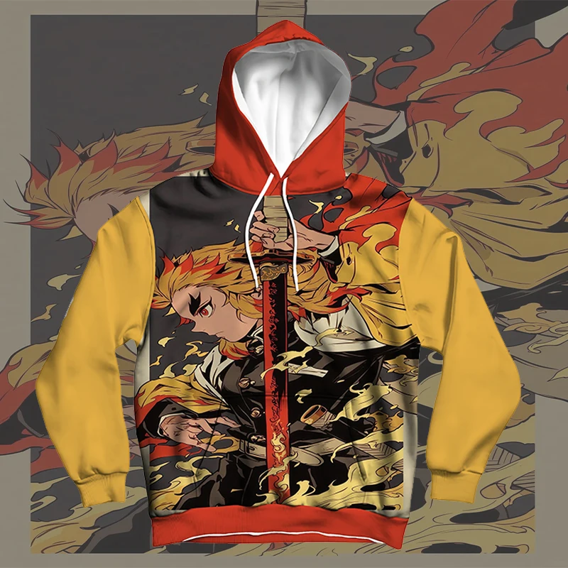 

Новая толстовка с капюшоном в стиле аниме «Убийца демонов», модная толстовка с 3D принтом Rengoku Kyoujurou, осенне-зимняя толстовка с капюшоном, повседневный уличный модный топ