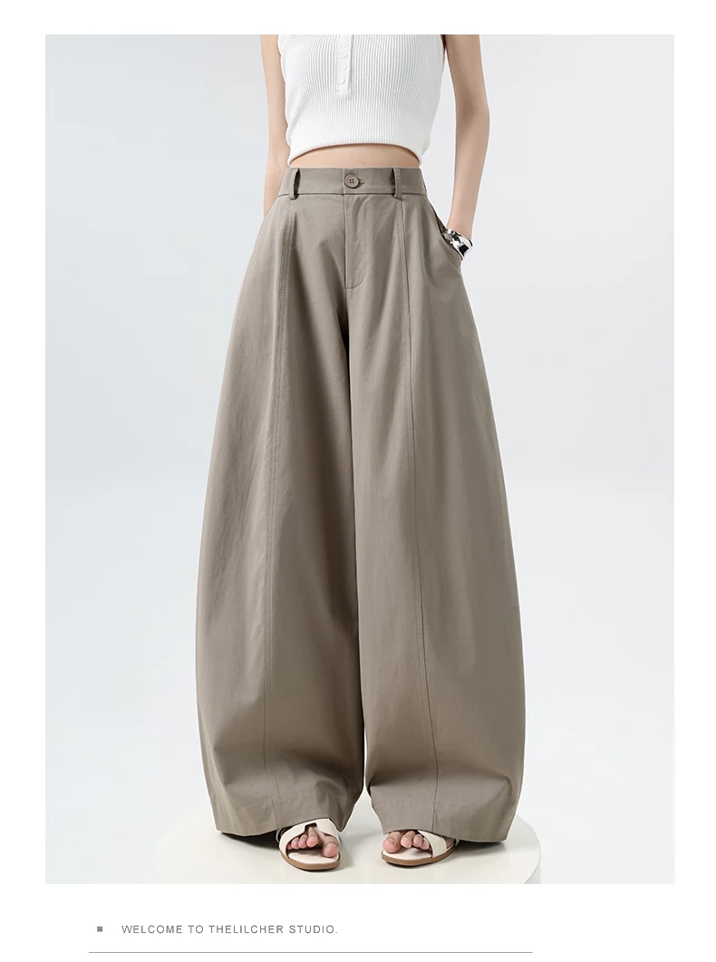 Women 2026 Autumn New Washed Cotton Vintage Balloon Curved Pants Loose Drape Casual Wide Leg Long Trousers