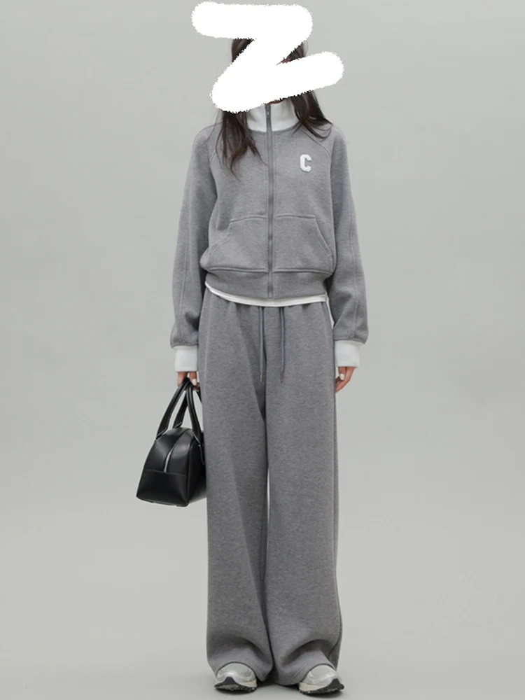 

Fashionable Sportswear Set for Women Grey Jacket Top Wide Leg Pants Two Piece Suite Anti Aging Trendy Spring Casual Outfit