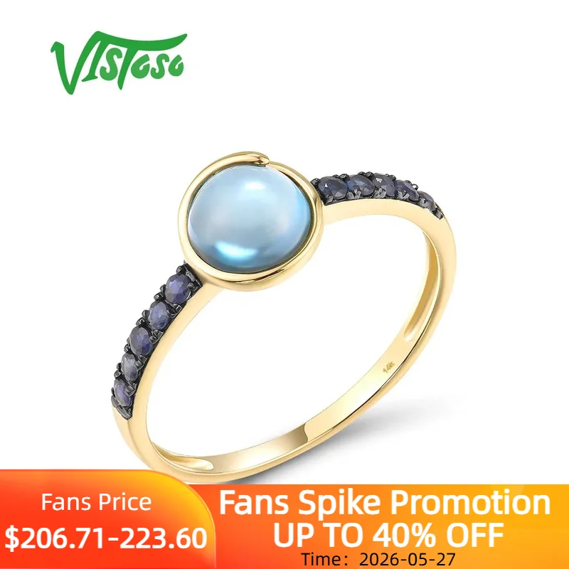 

VISTOSO Authentic 14K 585 Yellow Gold Rings For Women Genuine Blue Sapphire London Topaz Simple Round Charming Chic Fine Jewelry