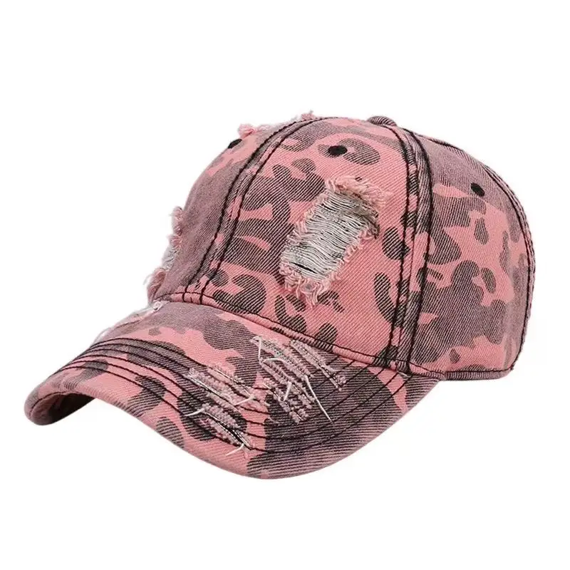 Customized Printed Logo Leopard Print Camouflage Baseball Caps Men And Women Retro Washed Break Hole Sun Shading Duck Tongue Hat view 6