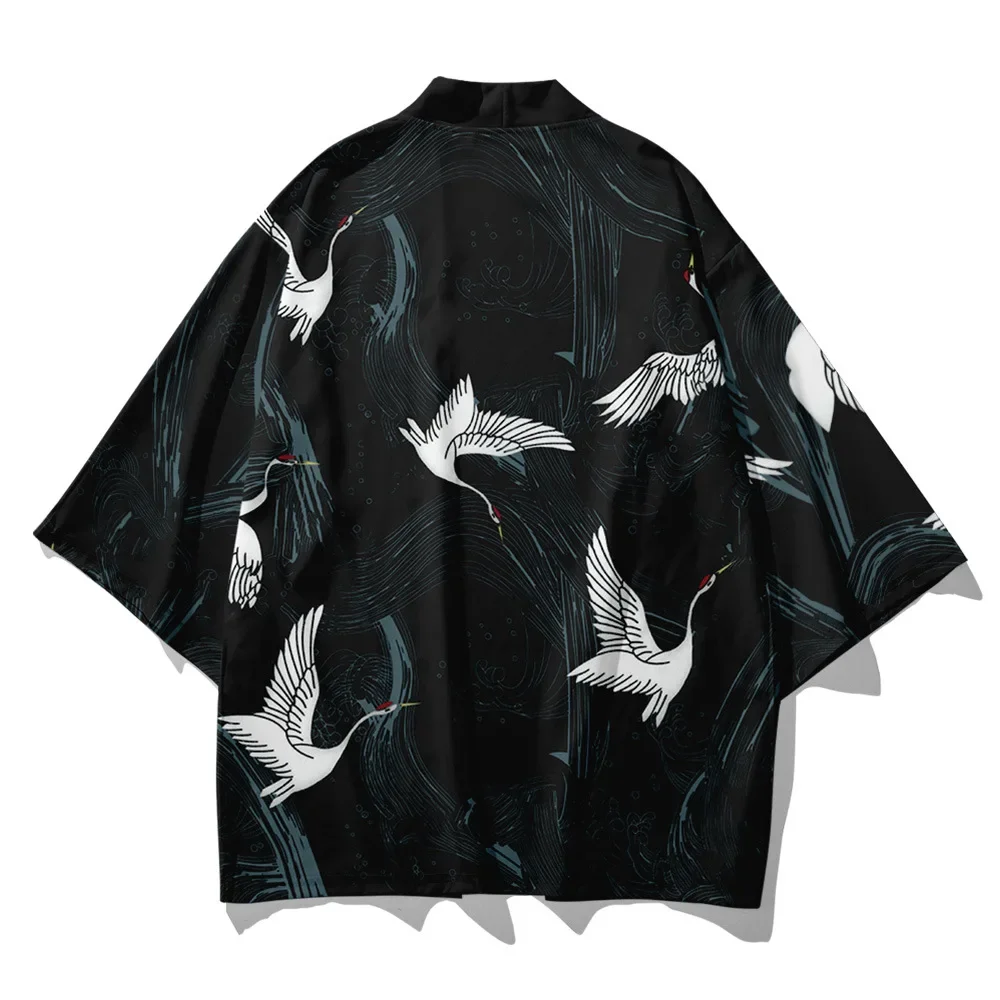 النمط الياباني الأسود كرين طباعة كيمونو سترة وبانت البدلة بلايز الشارع الشهير Haori الرجال سترة اليابان رداء الملابس كبيرة الحجم #2