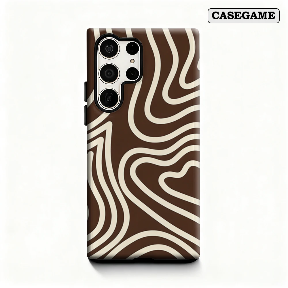 Casegame Phone Case for Samsung Galaxy S25 S26 Ultra S24 S23 Ultra Plus Shockproof Double Layer Brown Swirl Lines Cover
