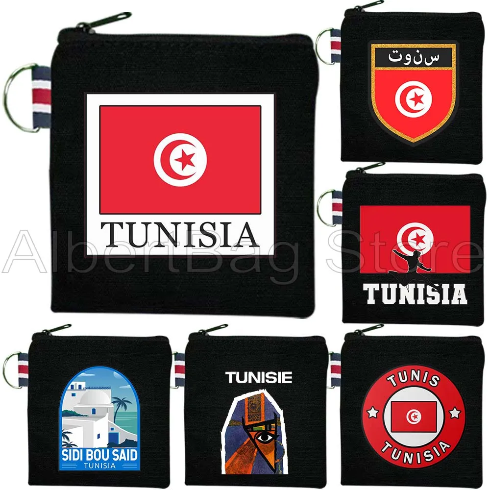 

Tunisia Flag Tunisie Map Sidi Bou Said Tunis Gifts Canvas Coin Purse Bag Small Square Key Storage Card Bag Cotton Wallet Pouch