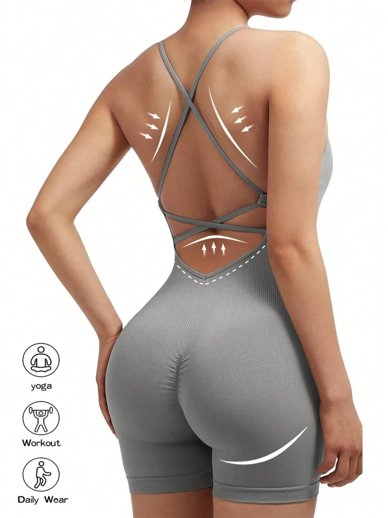 Mono deportivo Sexy para mujer, mono deportivo ajustable cruzado para correr, traje de Yoga de una pieza, pantalones cortos sin espalda, pelele