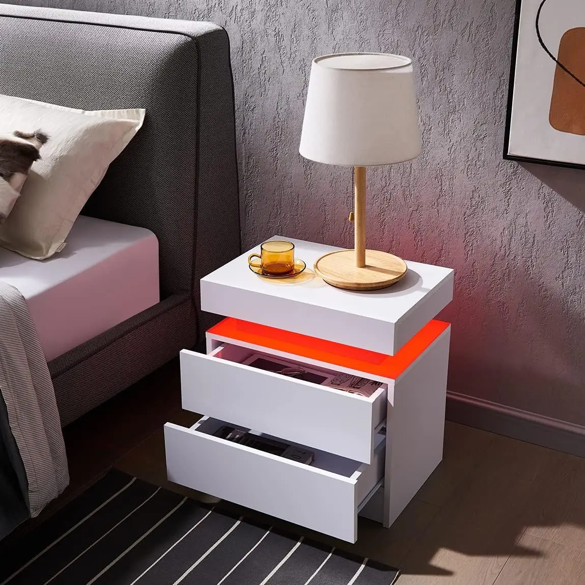 Hot Selling Minimalist Bedside Table LED Light Design Night Stand Bedside Table Bedroom Furniture