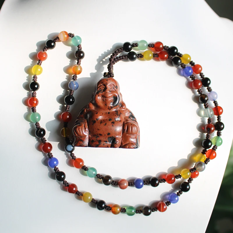 Unit One Piece Natural Red Mahogany Obsidia Gemstone Crystal Laugh Buddha Carving Necklace Pendant With Natural Agate Bead Chain