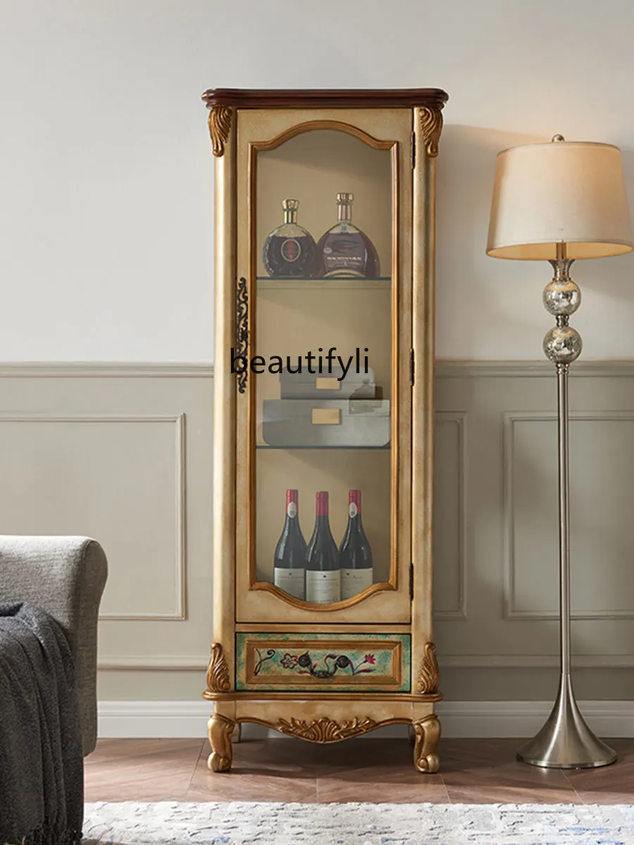 Solid Wood Wine Cabinet Multi-Functional European-Style Living Room Glass Door Side Cabinet Low  Wall Display Cabinet